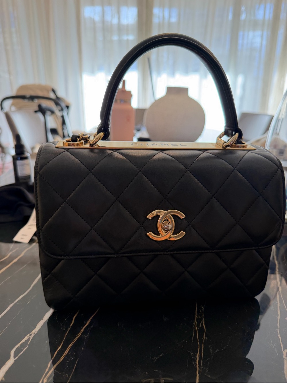 CHANEL CC LAMB SKIN Black Quilted Top Handle Satchel with Gold CC Hardware